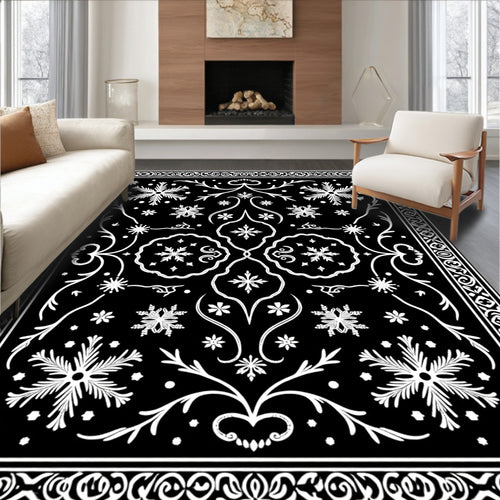 Black White Snowflake Floral Symmetry Rug