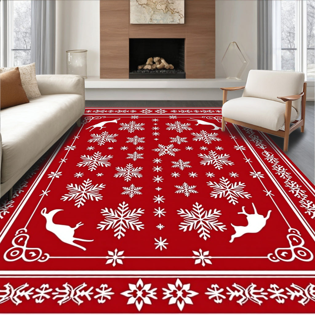 Red Snowflake Deer Holiday Rug