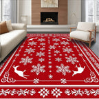 Red Snowflake Deer Holiday Rug