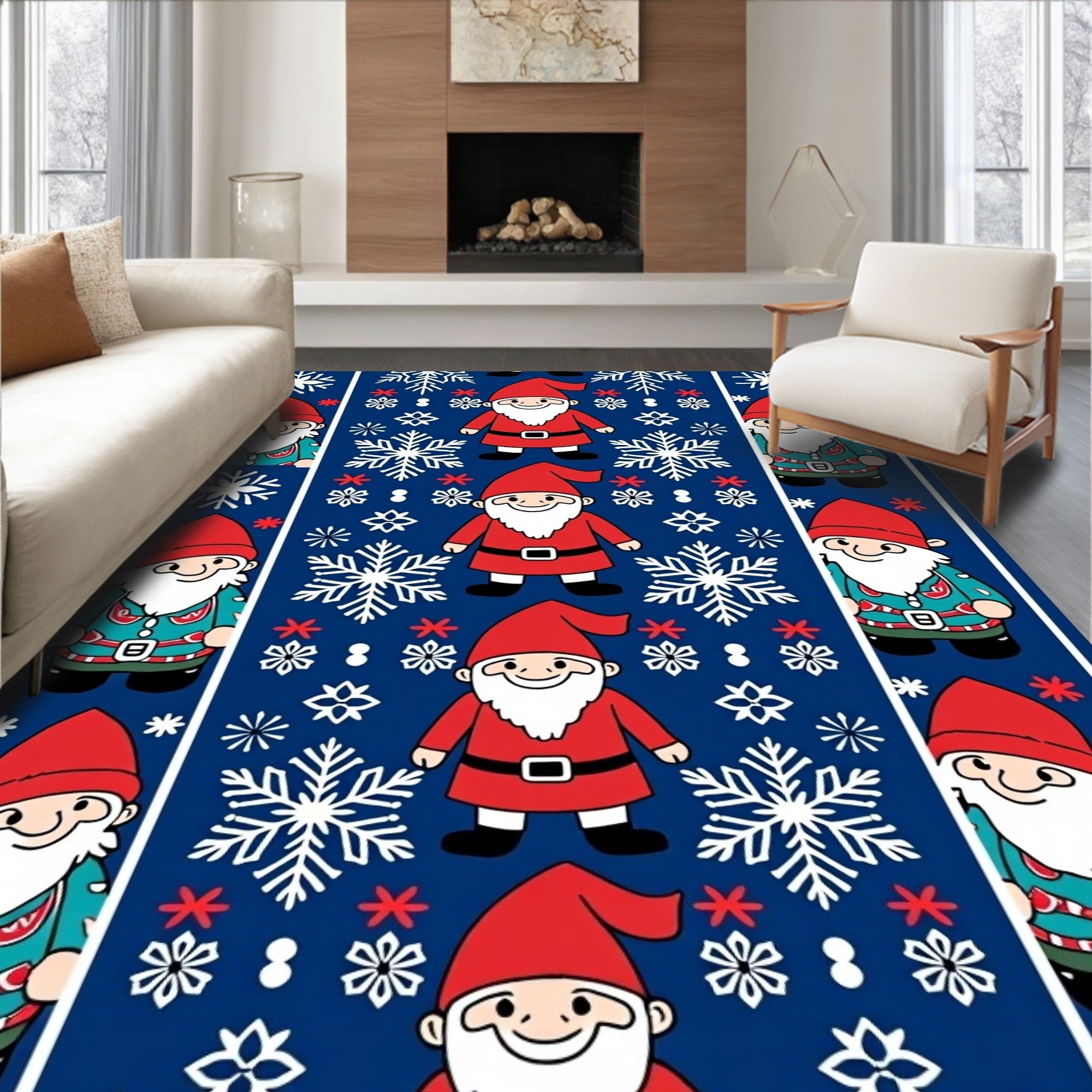 Festive Red Gnomes Snowflakes Blue Rug