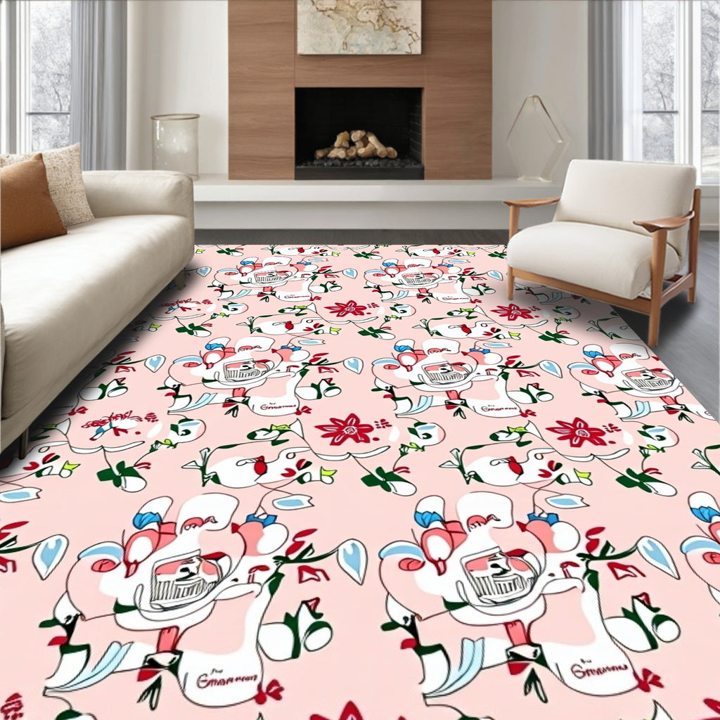 Whimsical Pink Floral Line Art Rug