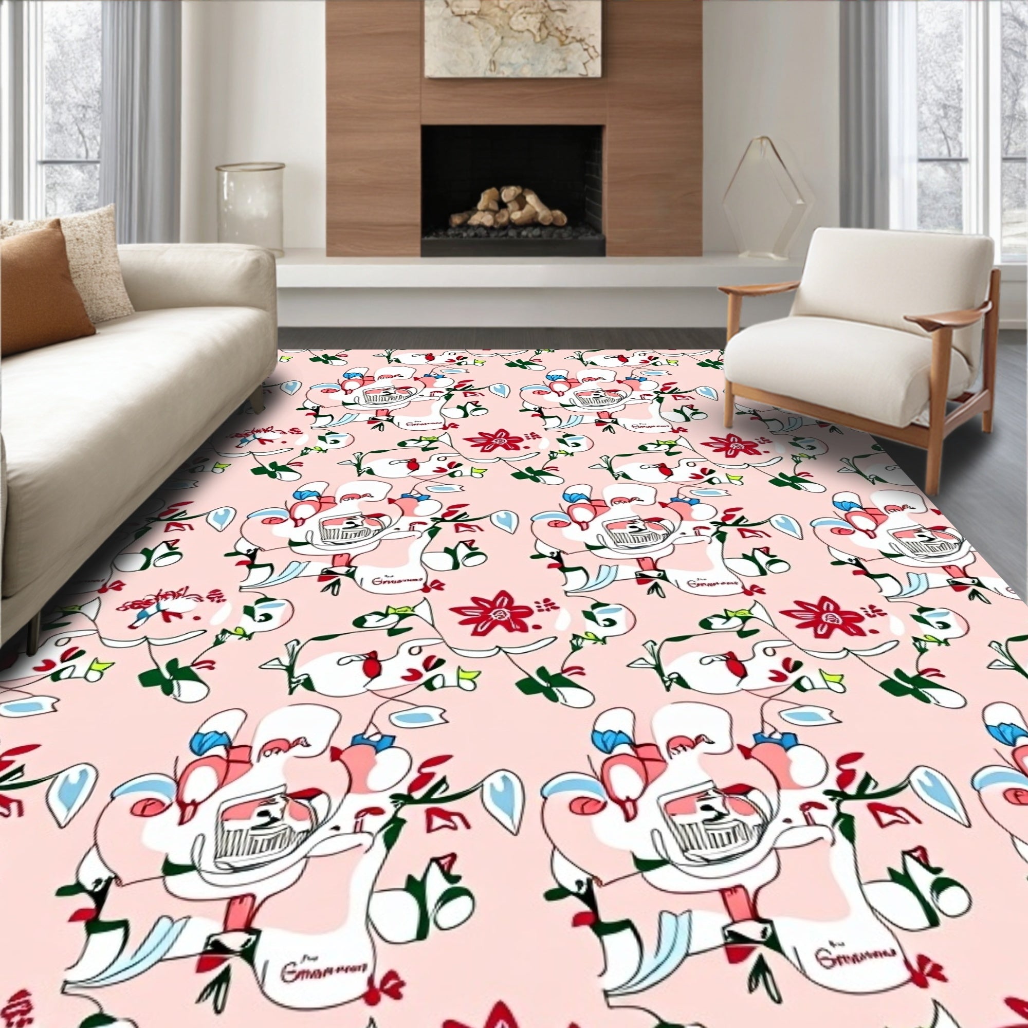 Whimsical Pink Floral Line Art Rug
