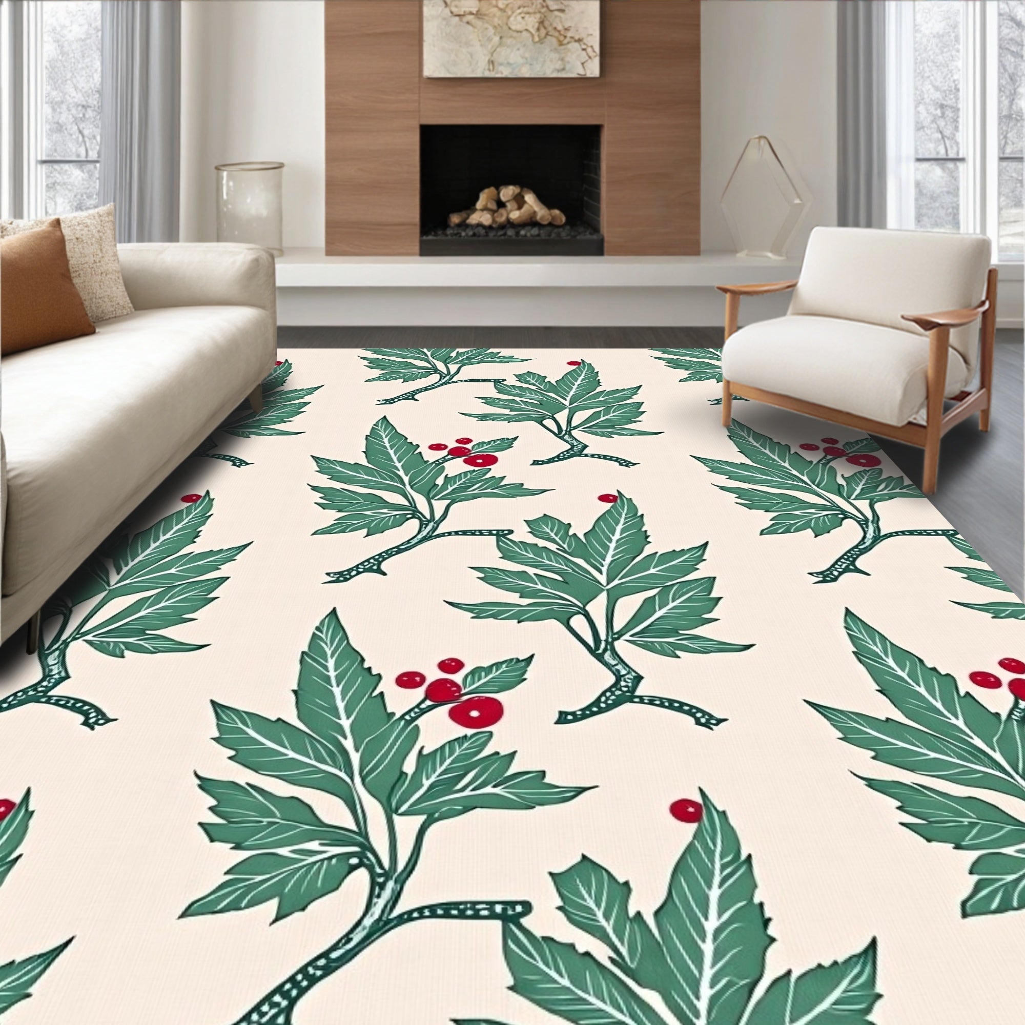 Green Leaf Red Berry Branch Repeat Rug