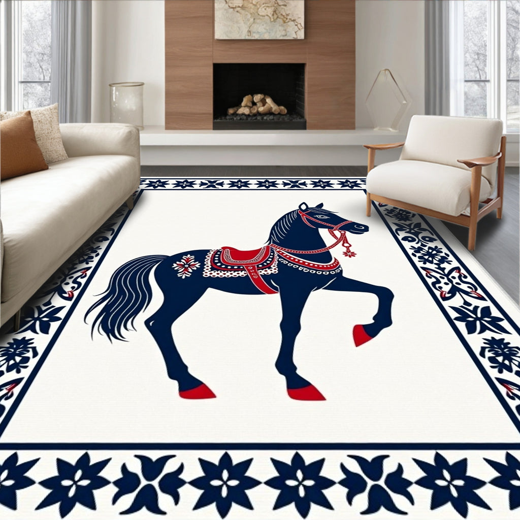 Navy Blue Red Horse Folk Art Rug