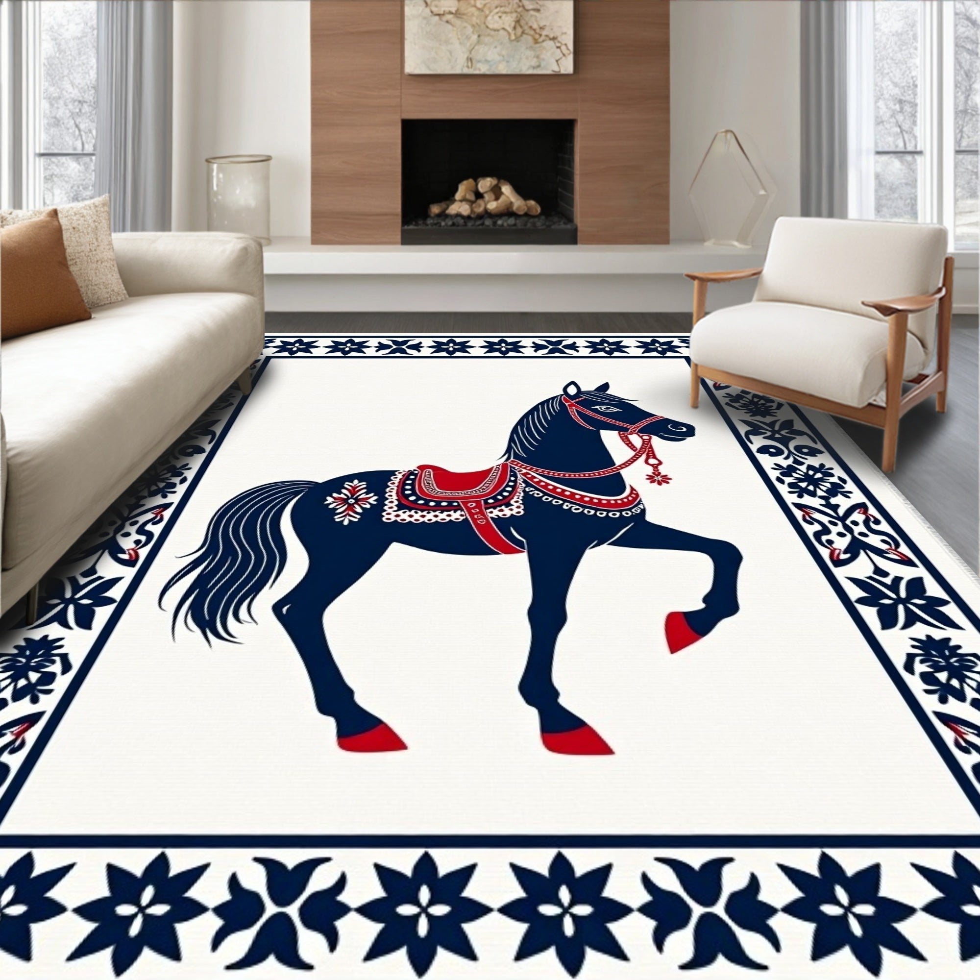 Navy Blue Red Horse Folk Art Rug