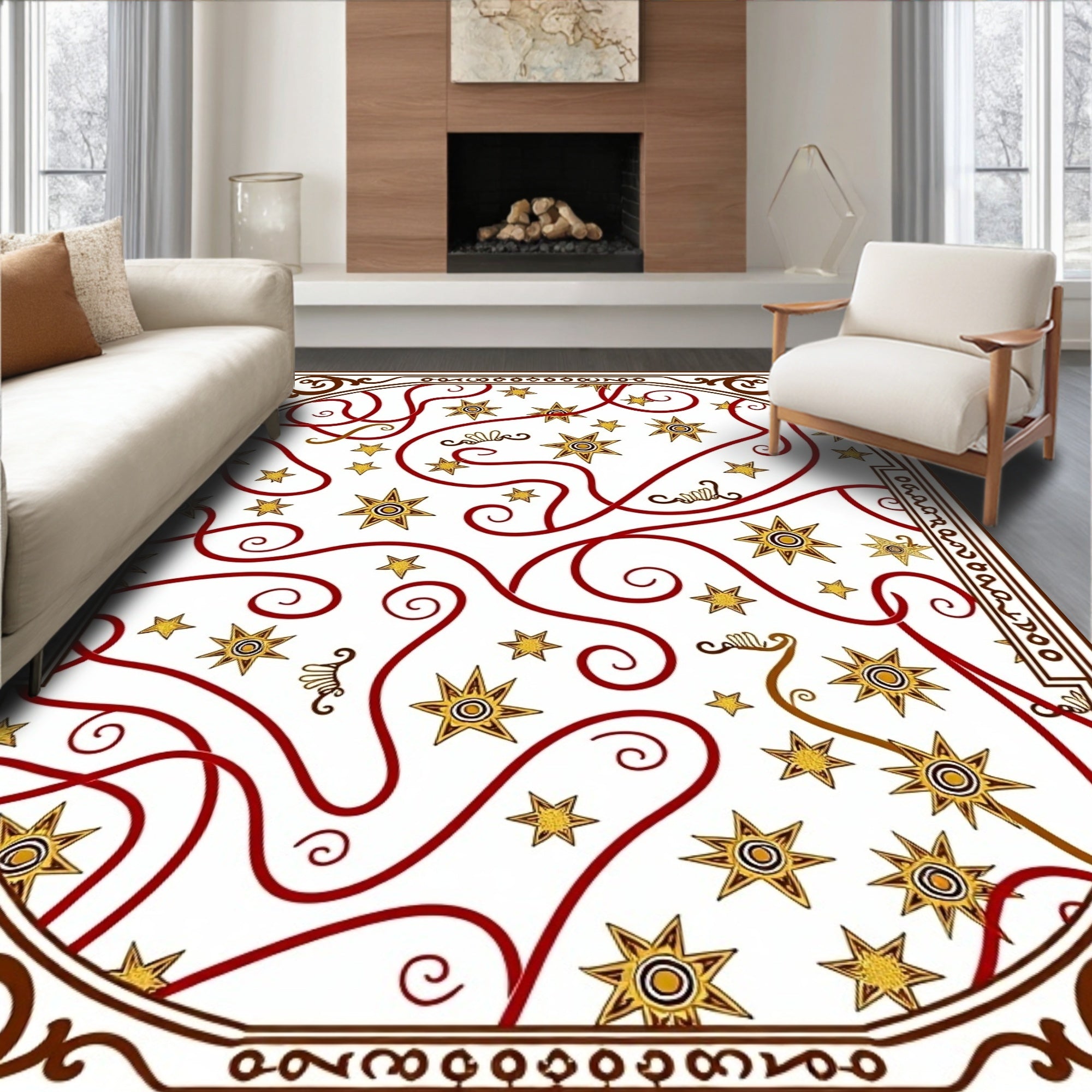 Ornate Gold Star Swirls Red Border Rug