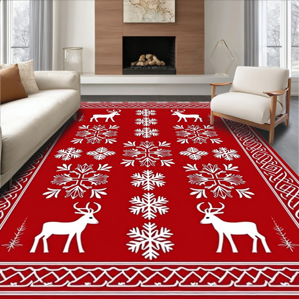 Red White Deer Snowflake Nordic Rug