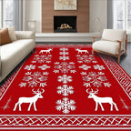 Red White Deer Snowflake Nordic Rug