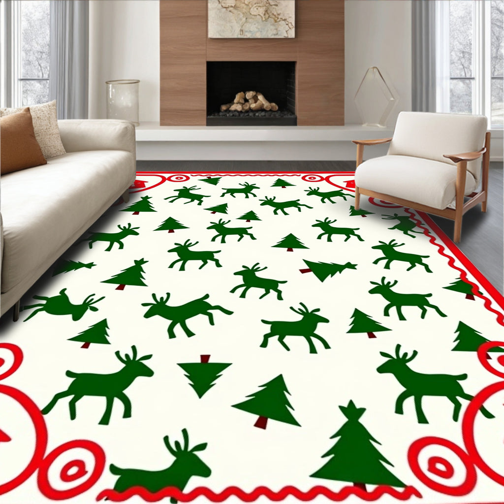Festive Red Reindeer and Trees Rug