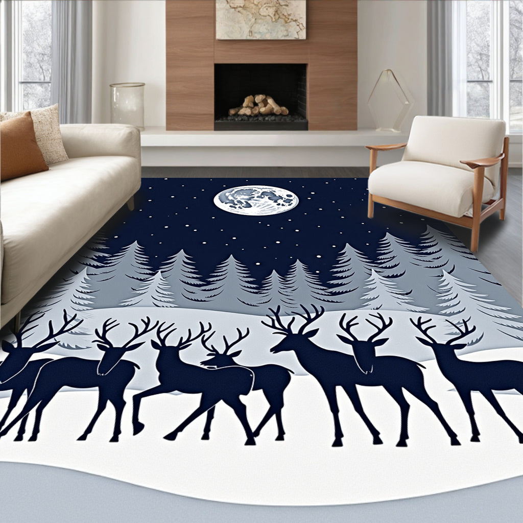 Midnight Winter Moon Deer Herd Rug