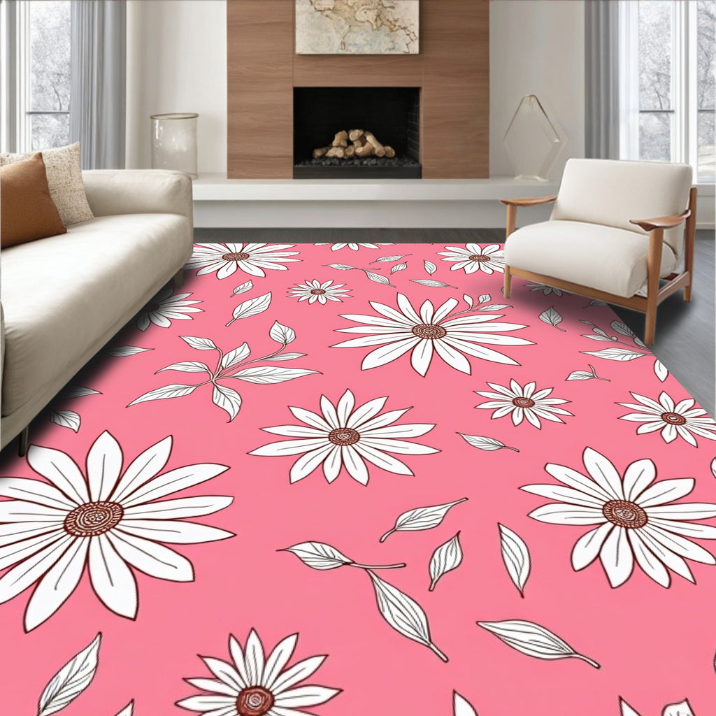 Pink White Daisy Floral Bloom Rug