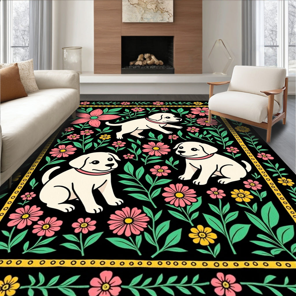 Whimsical Puppy Floral Garden Rug