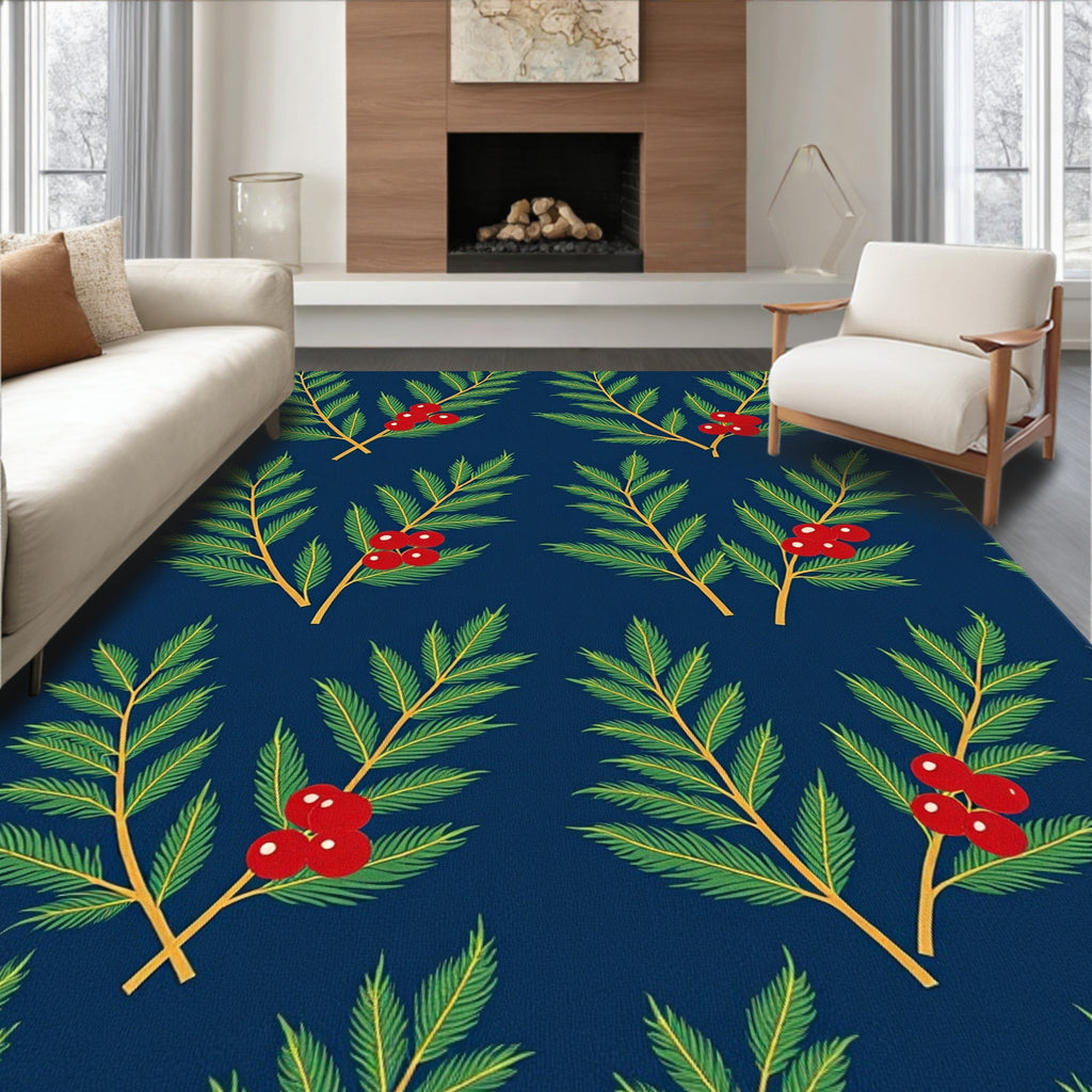Festive Green Berry Branches Navy Rug