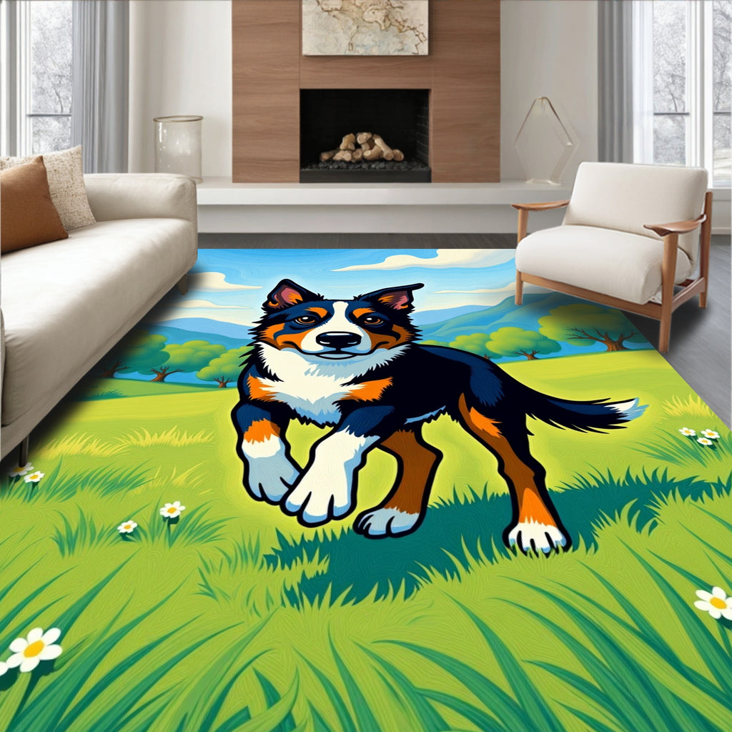 Happy Black Tri Dog Running Green Field Rug