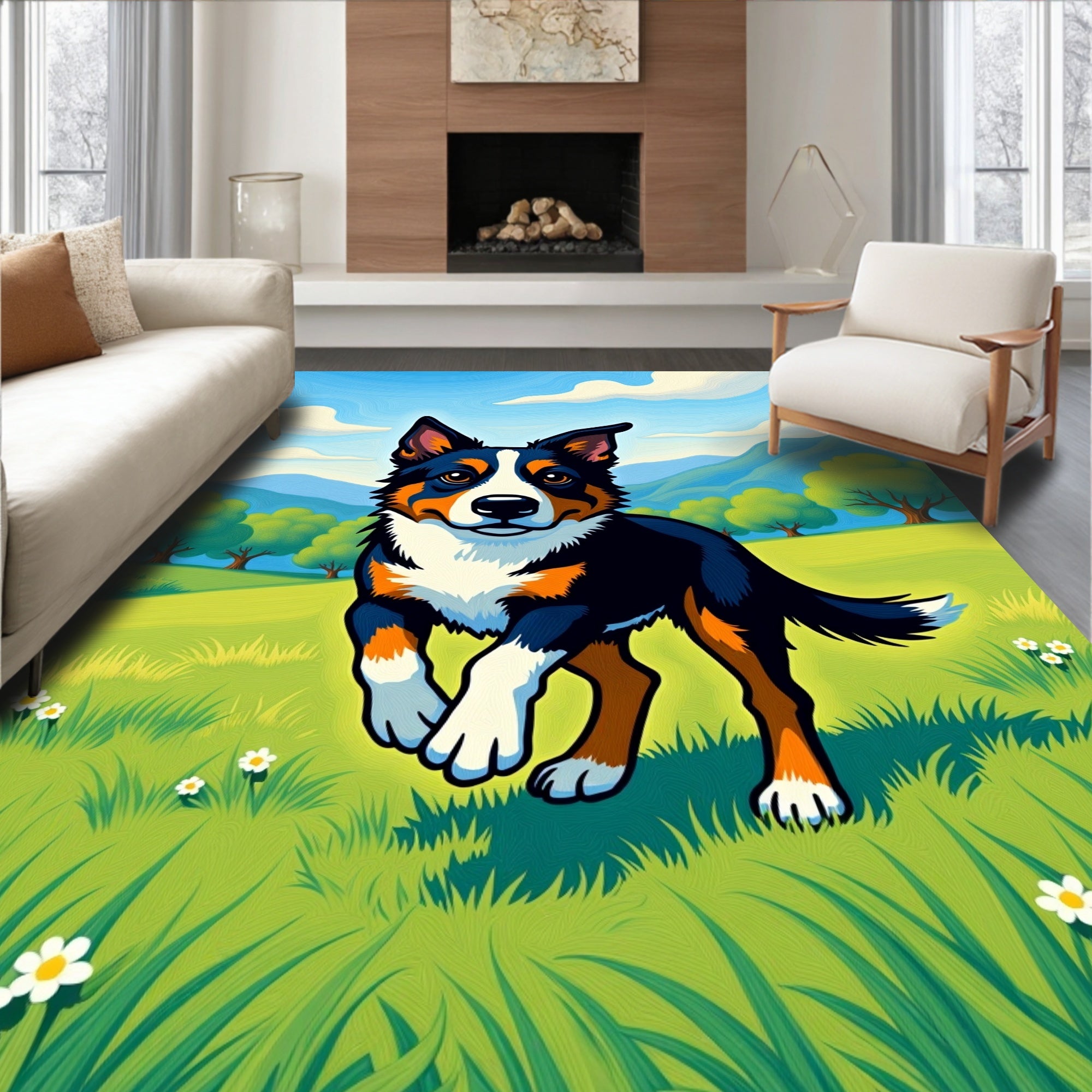 Happy Black Tri Dog Running Green Field Rug