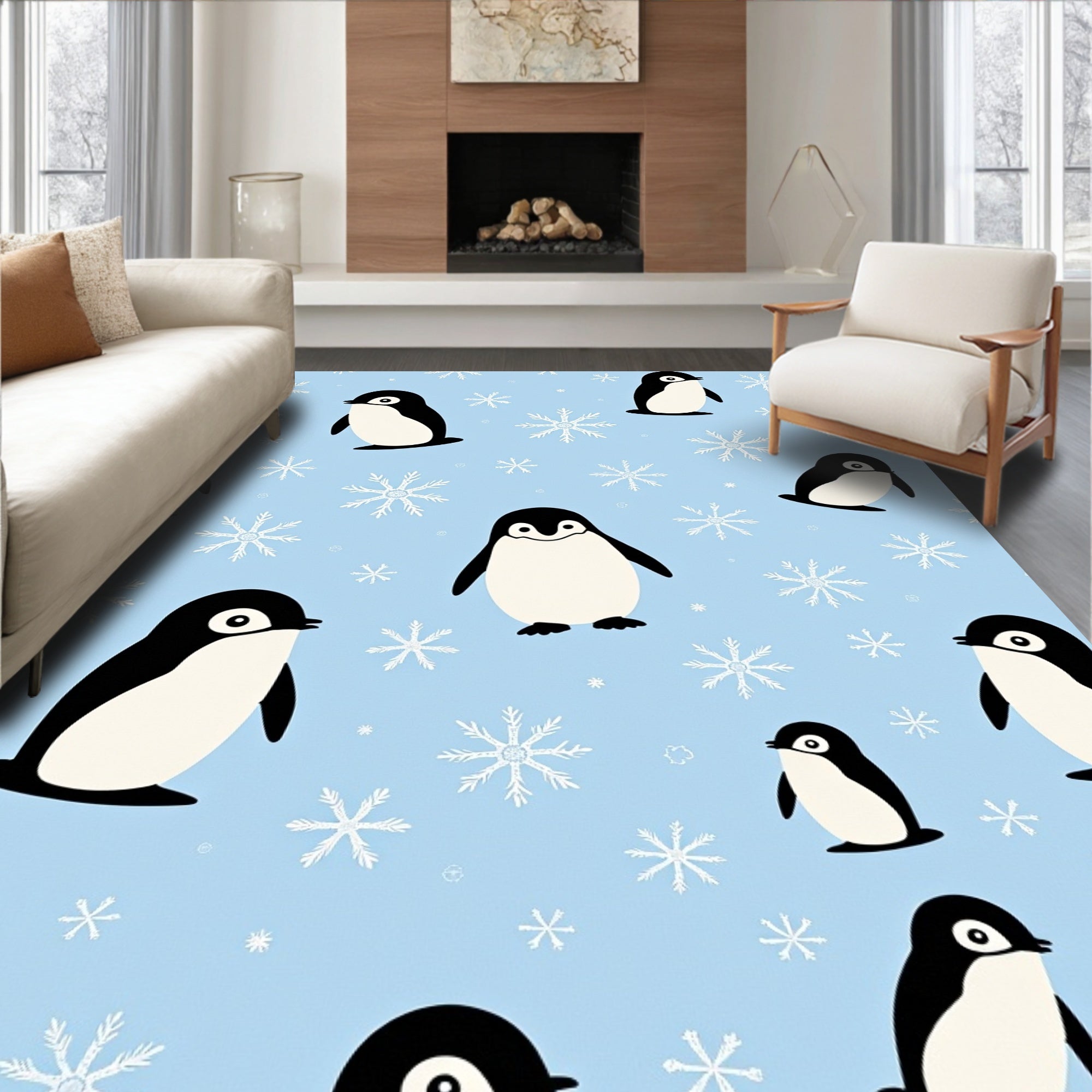 Cute Penguin Snowflakes Pattern Rug