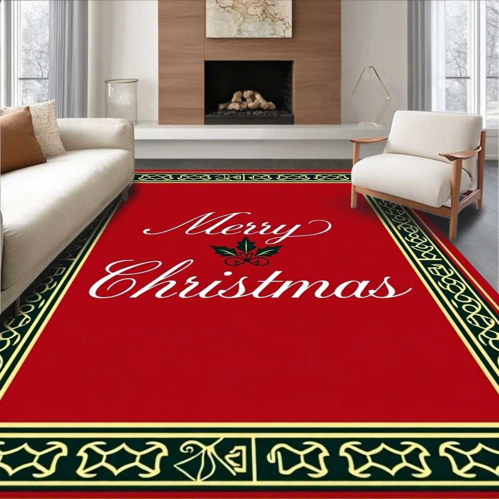 Red Festive Holly Border Rug