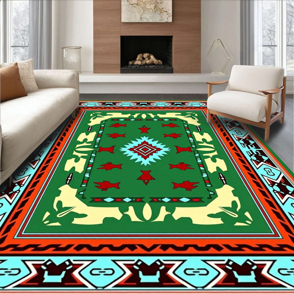 Green Red Fish Geometric Rug
