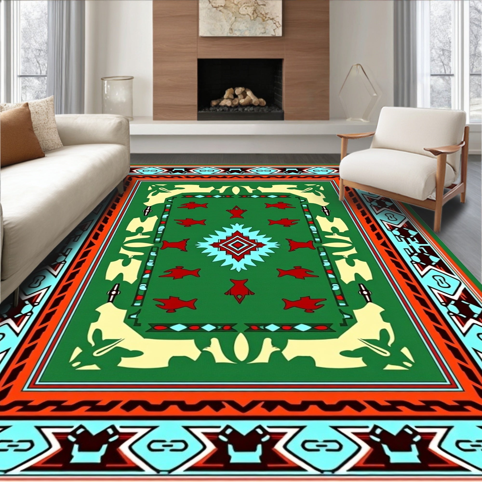 Green Red Fish Geometric Rug