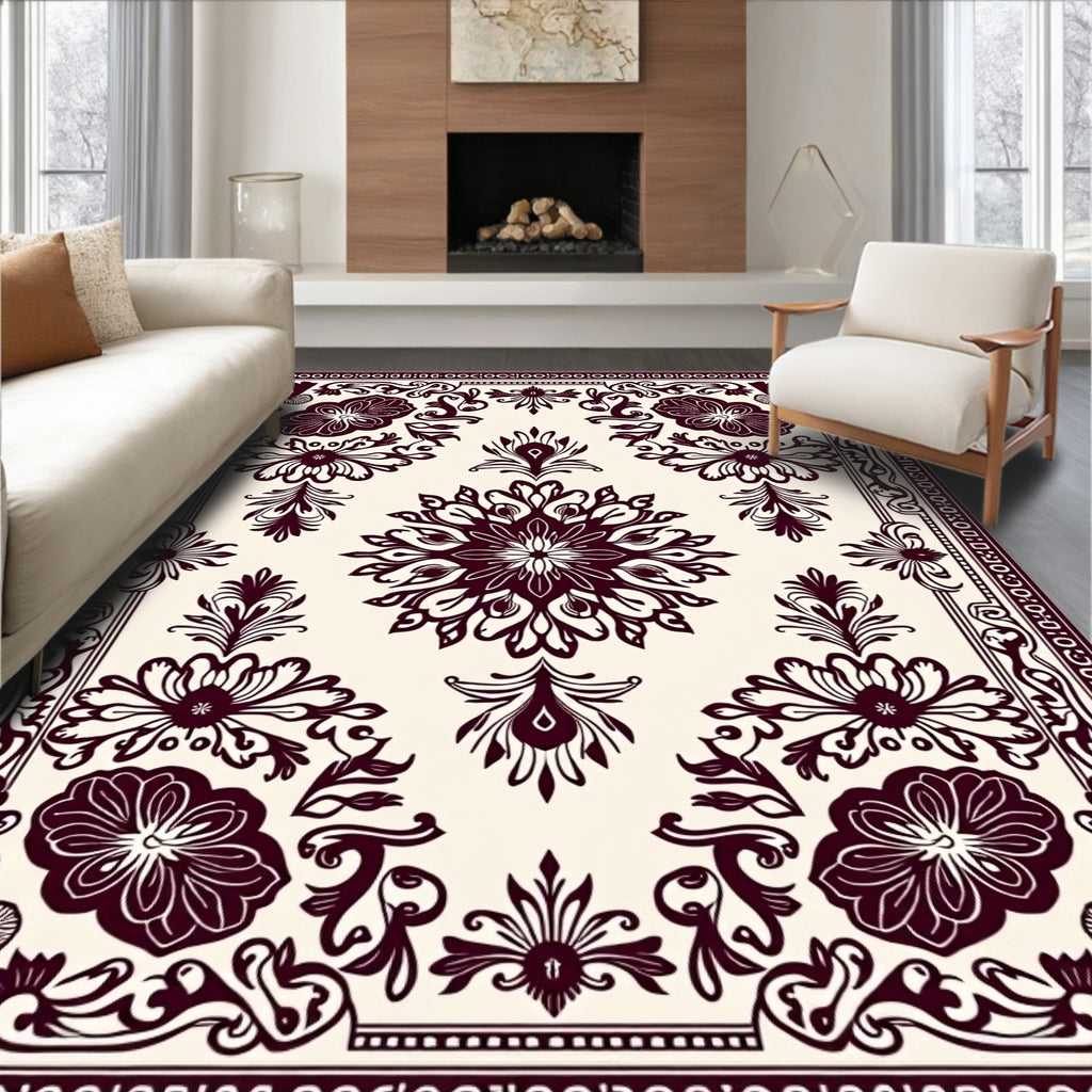 Burgundy Floral Medallion On Cream Rug