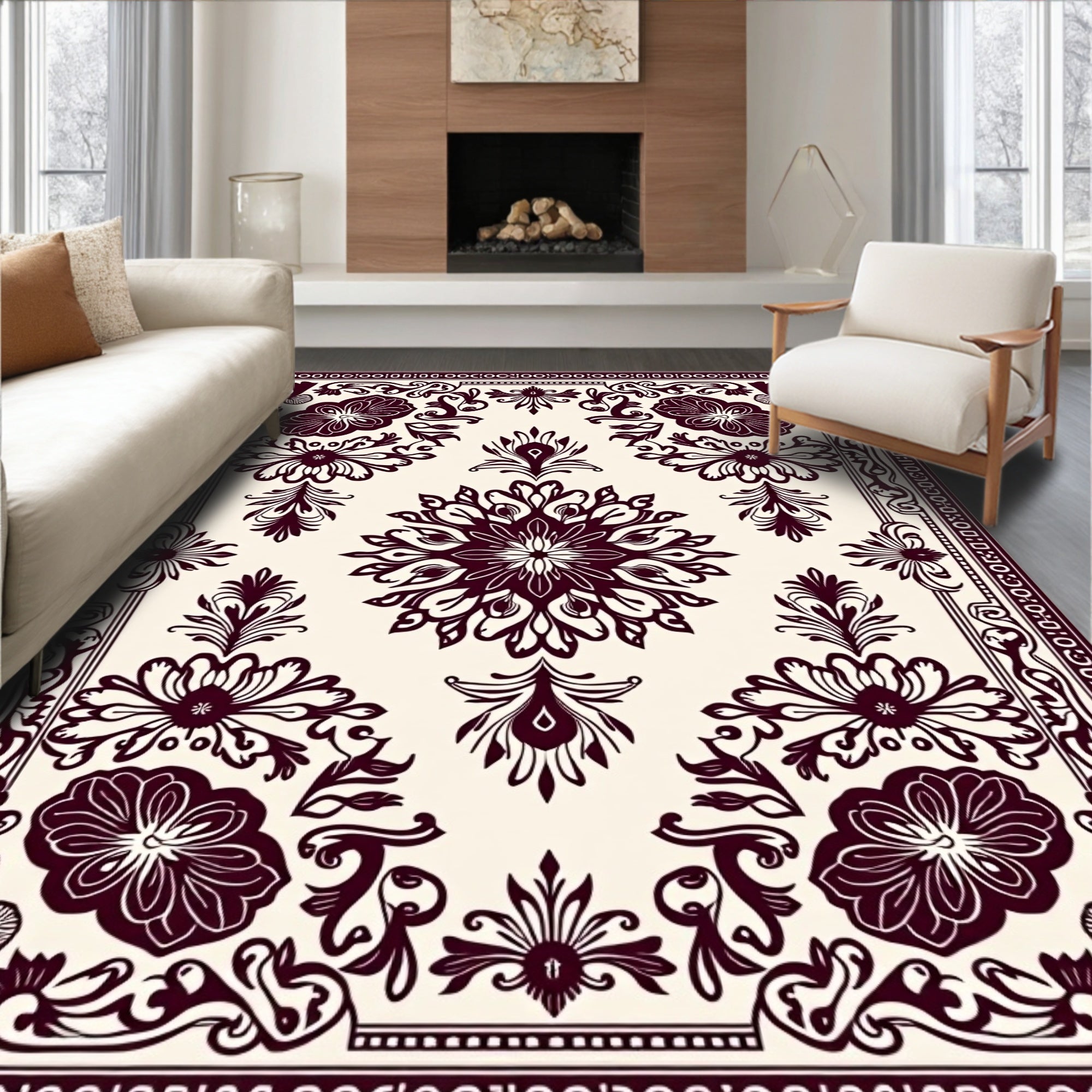 Burgundy Floral Medallion On Cream Rug
