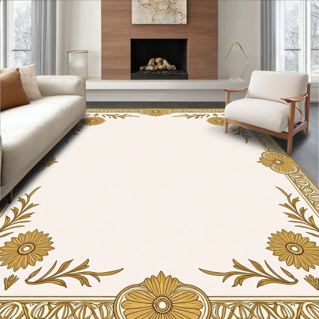 Golden Floral Bordered Cream Rug