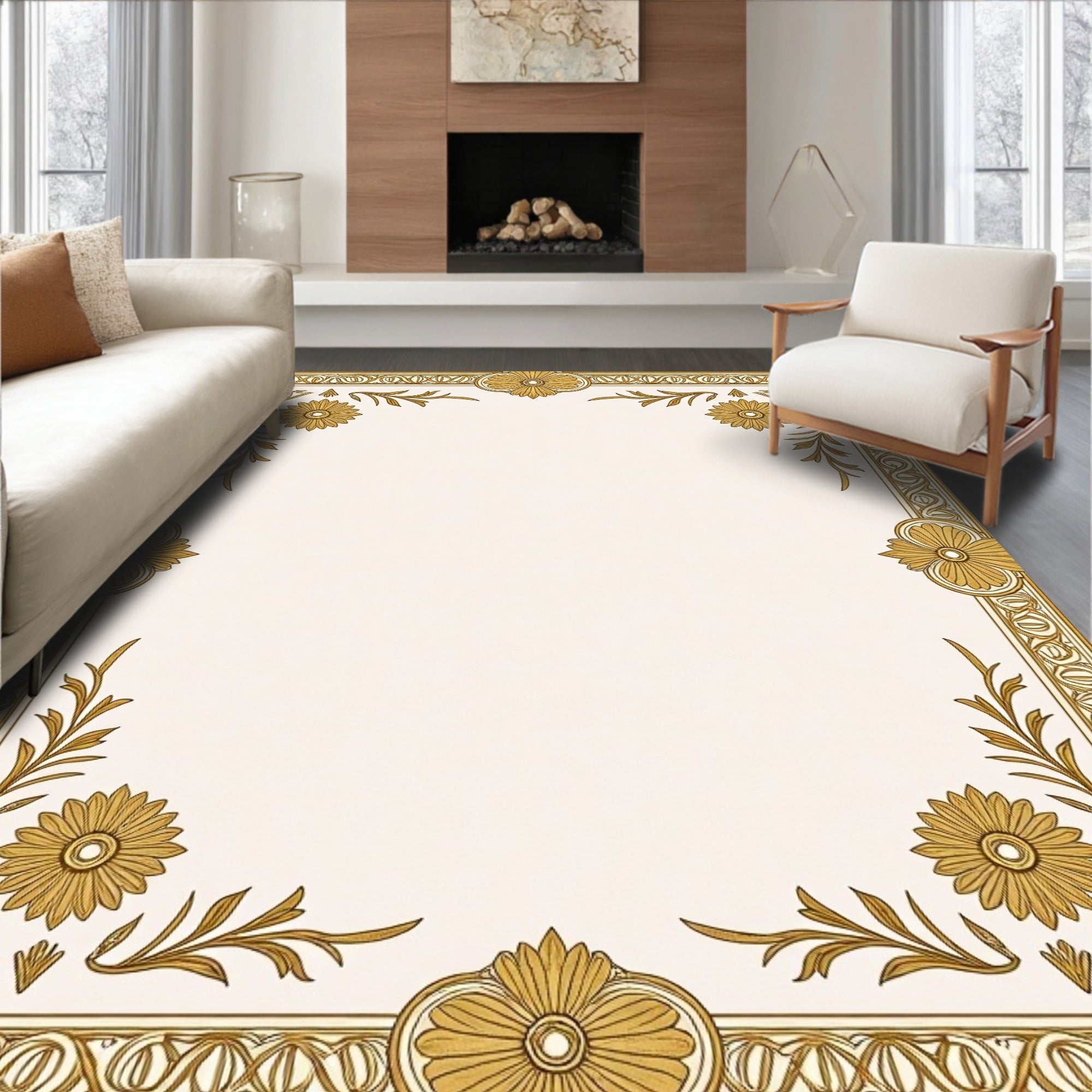 Golden Floral Bordered Cream Rug