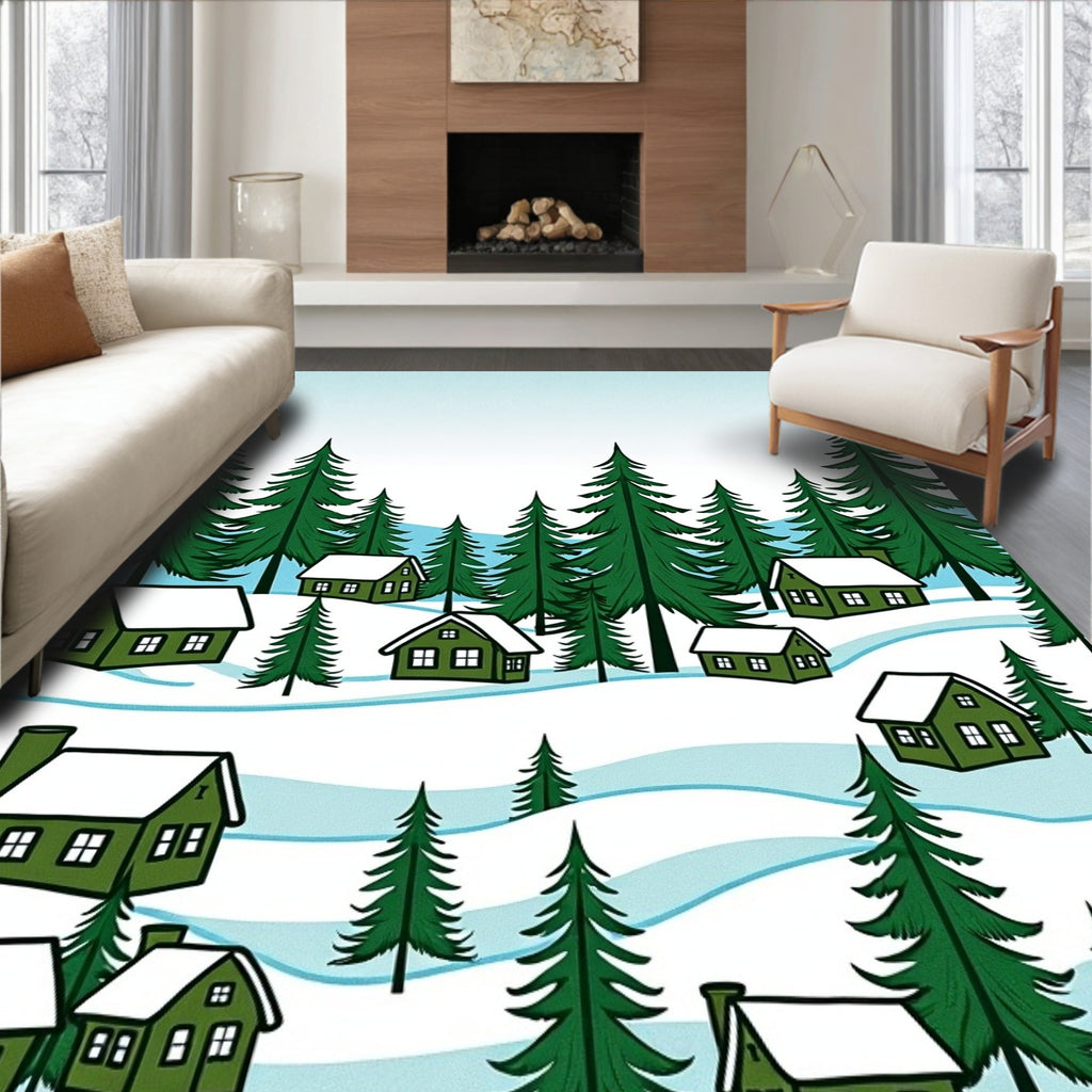 Cozy Green Village Snowy Evergreen Forest Rug