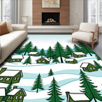 Cozy Green Village Snowy Evergreen Forest Rug