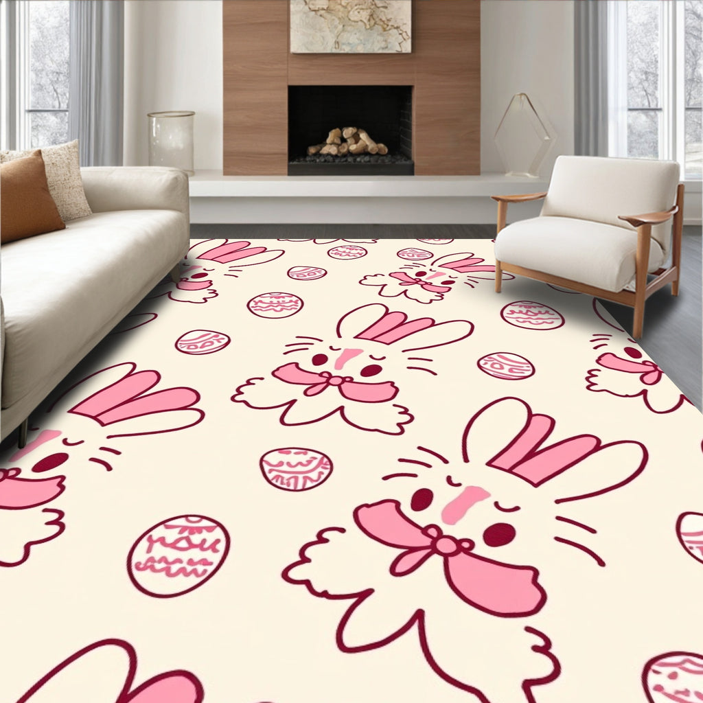 Whimsical Pink Bunny Easter Egg Meadow Rug