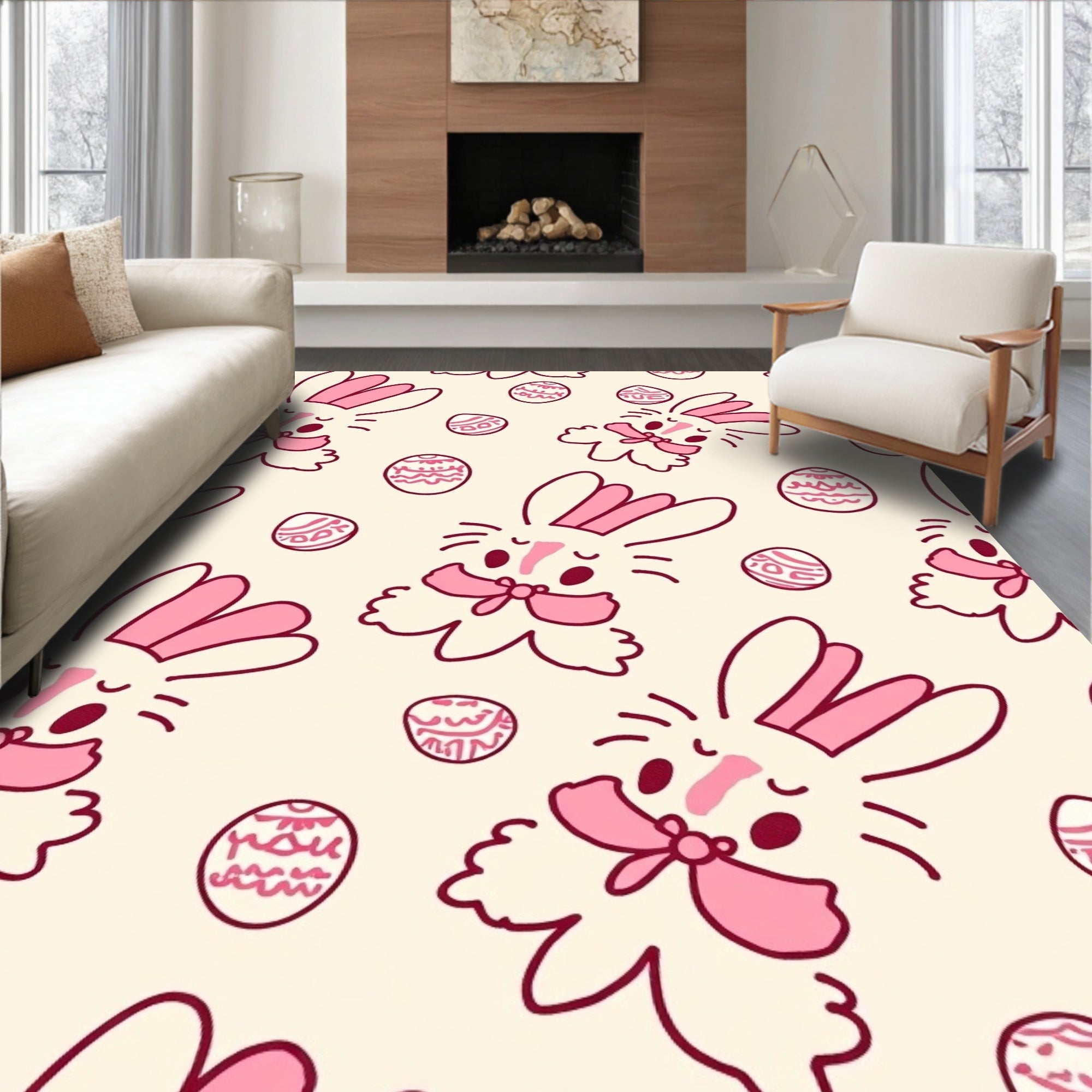 Whimsical Pink Bunny Easter Egg Meadow Rug