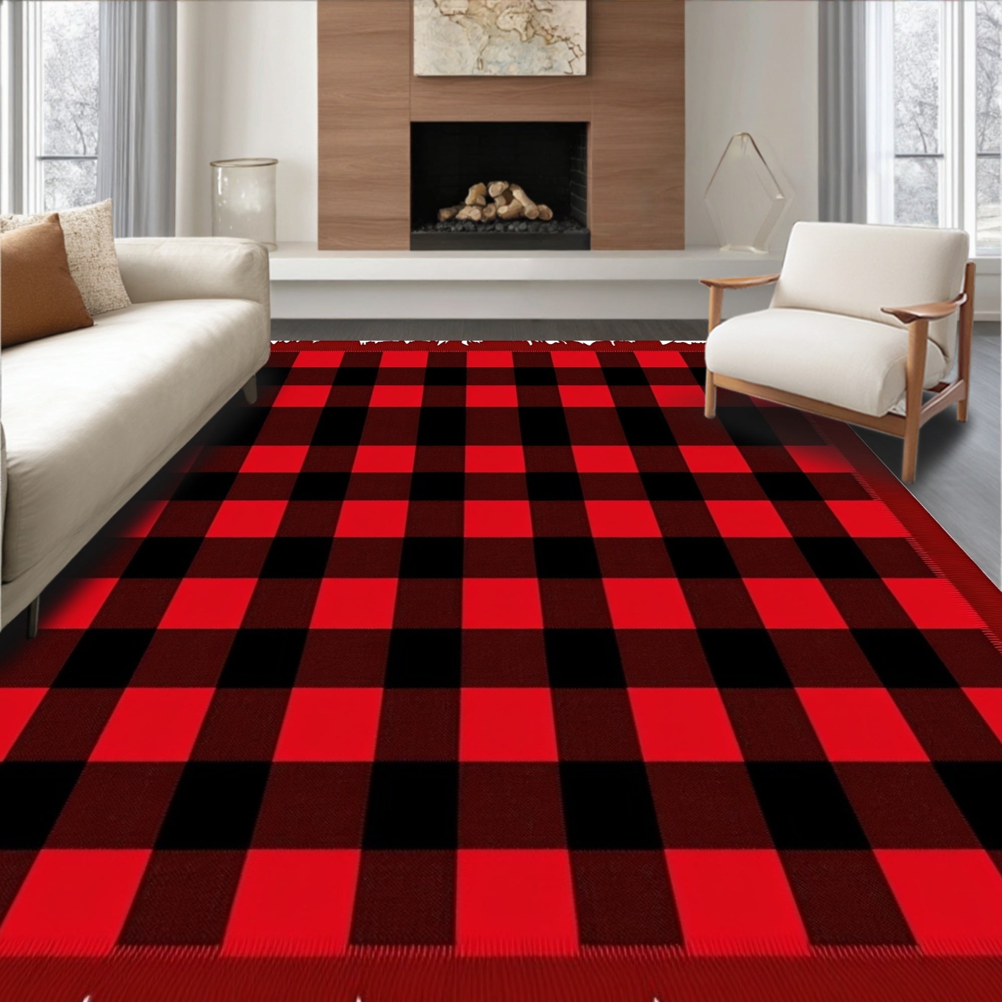 Bold Red Black Gingham Squares Rug