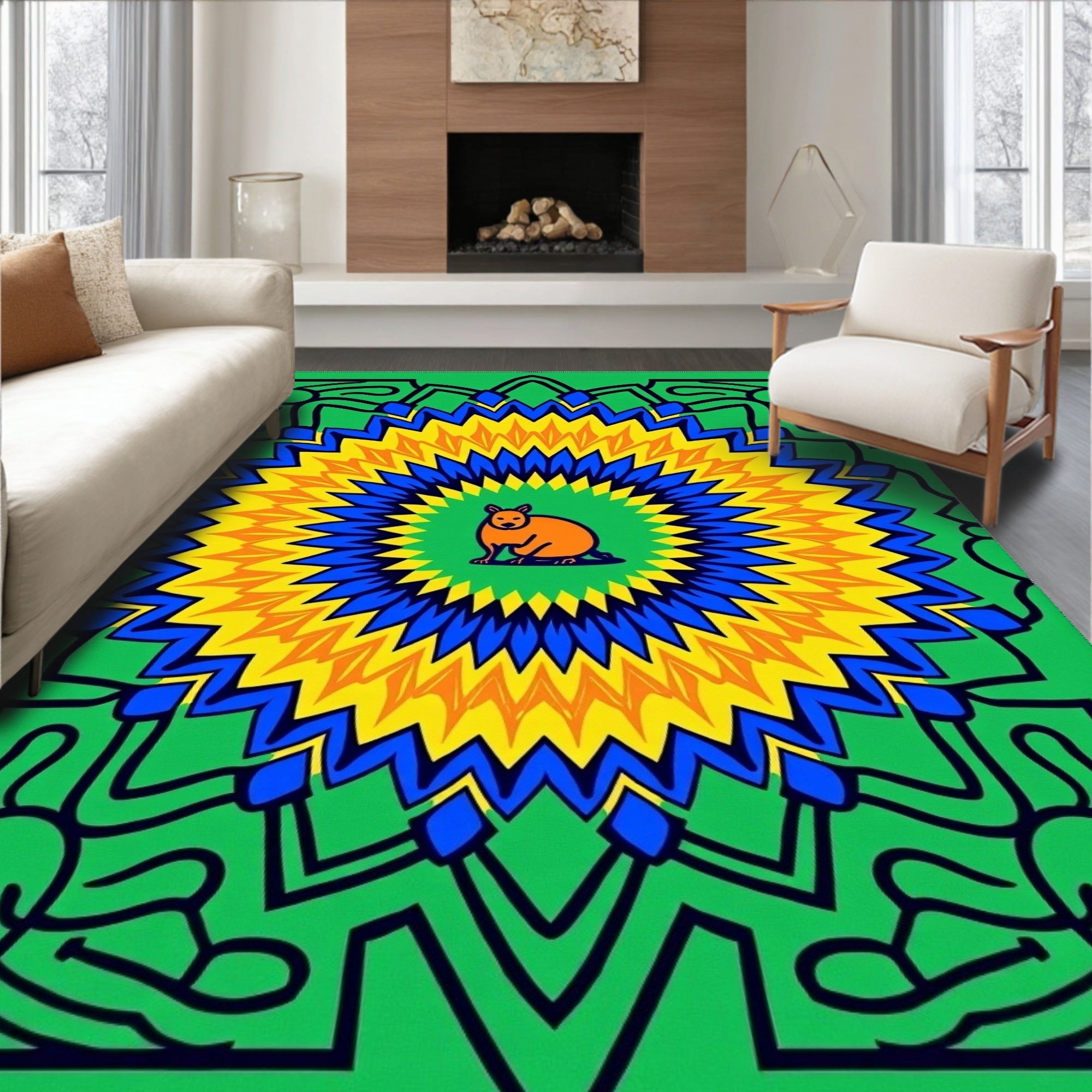 Vibrant Green Orange Sunburst Mandala Rug