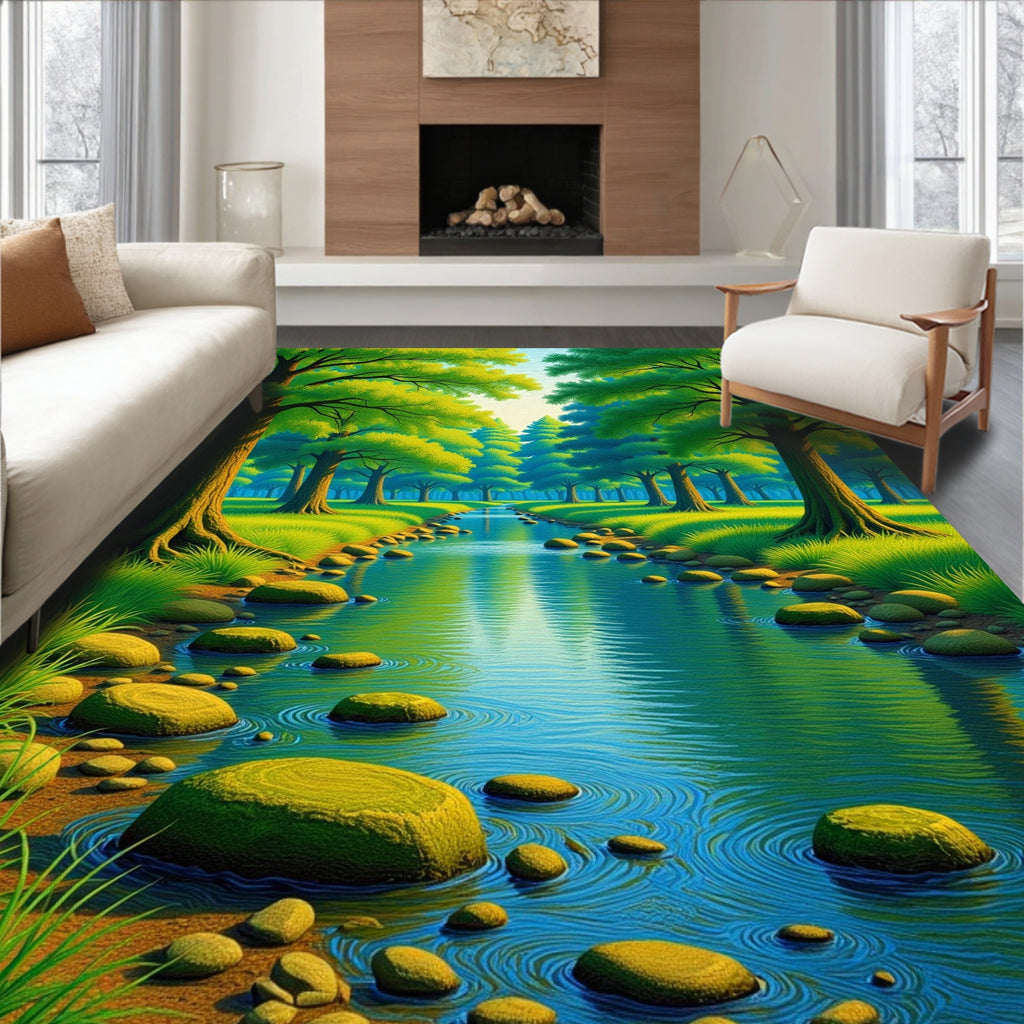 Verdant Forest Stream With Mossy Rocks Rug