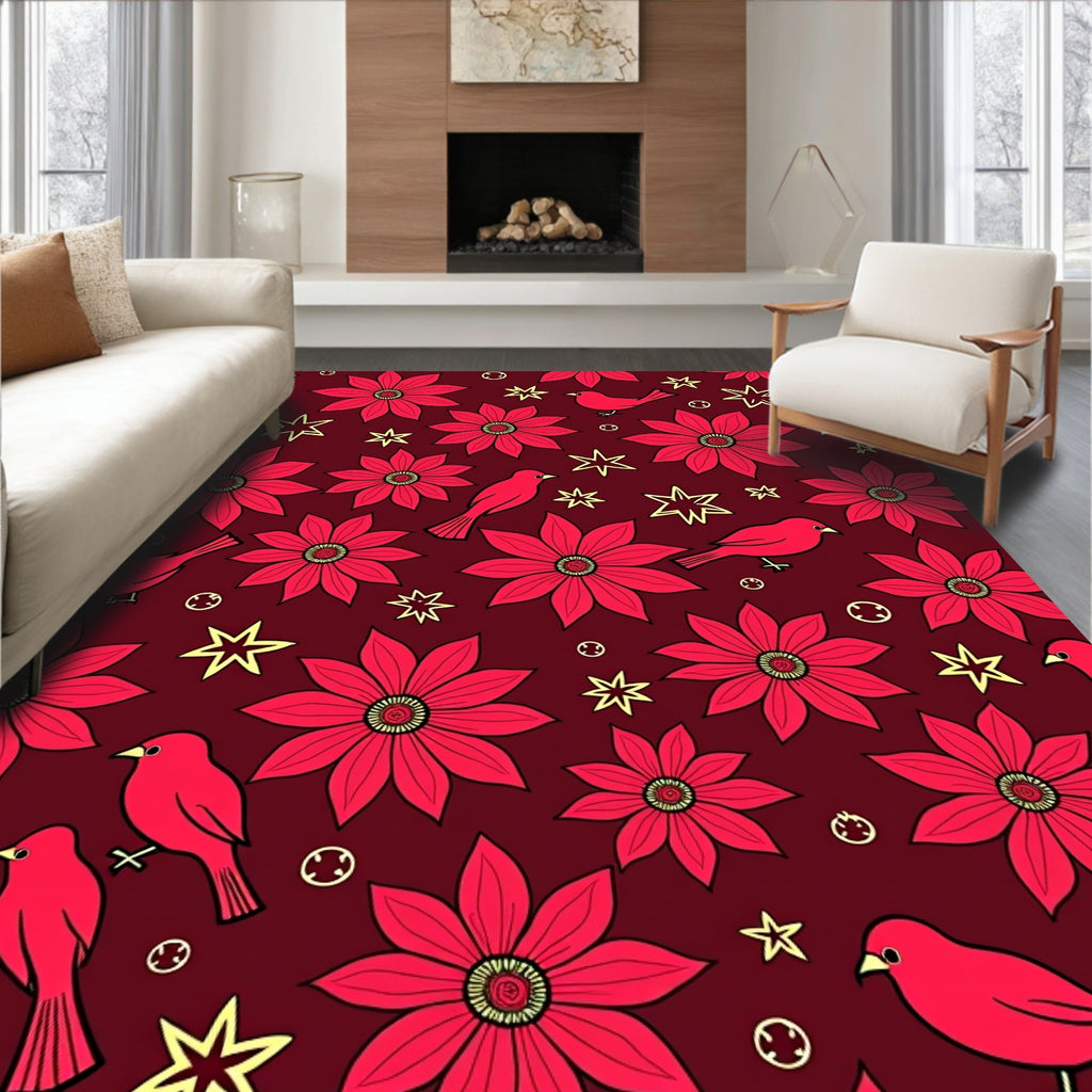 Crimson Floral Bird Whimsical Star Rug