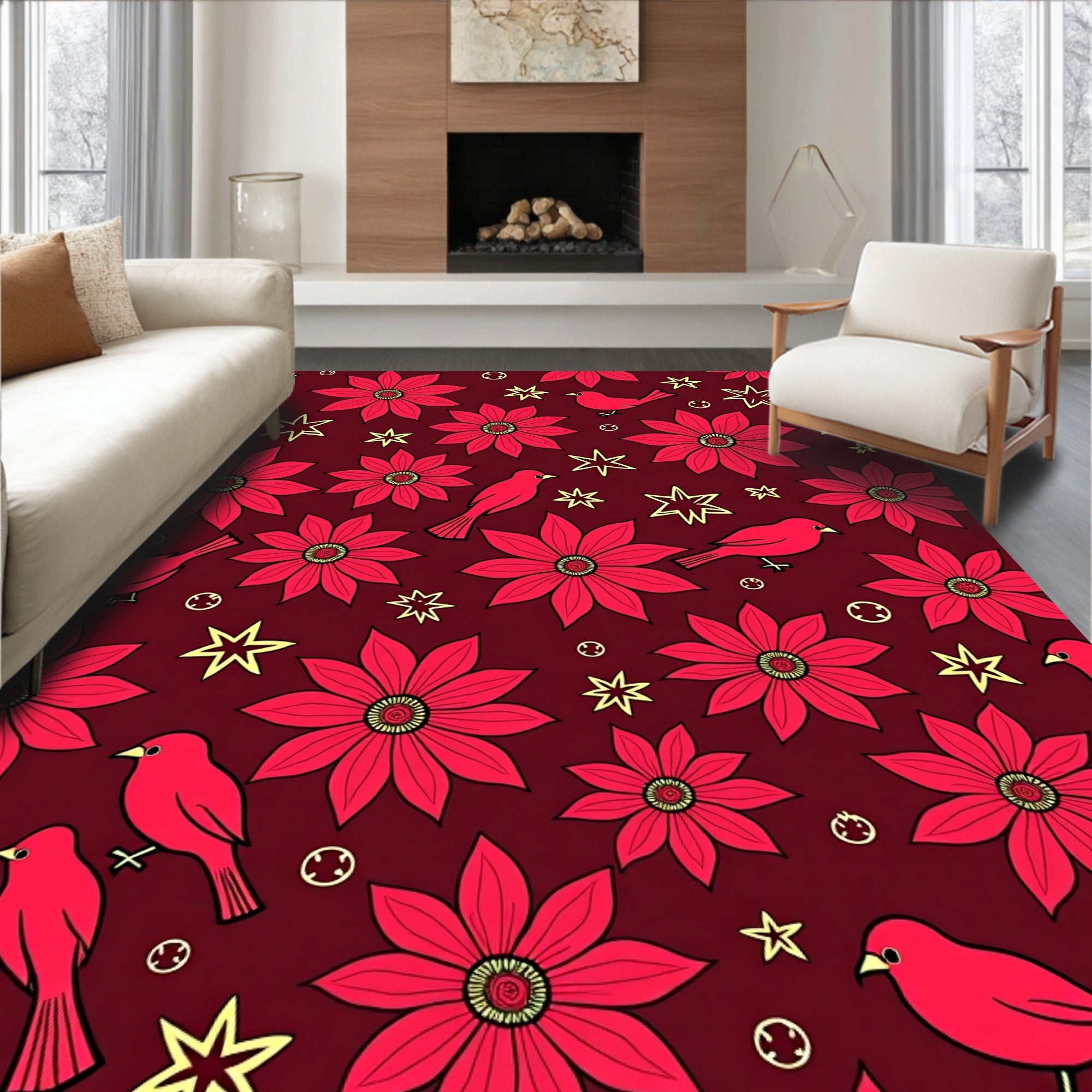 Crimson Floral Bird Whimsical Star Rug