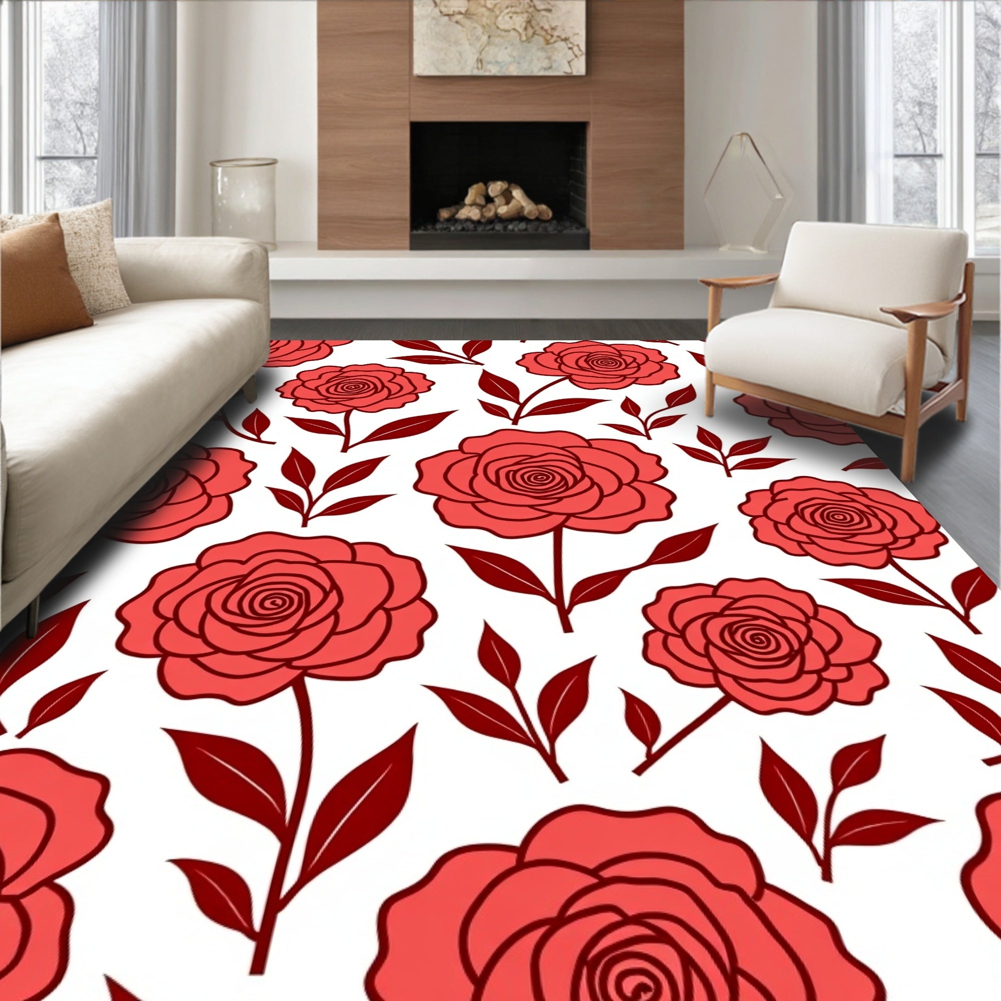 Coral Red Rose Blossom Foliage Rug
