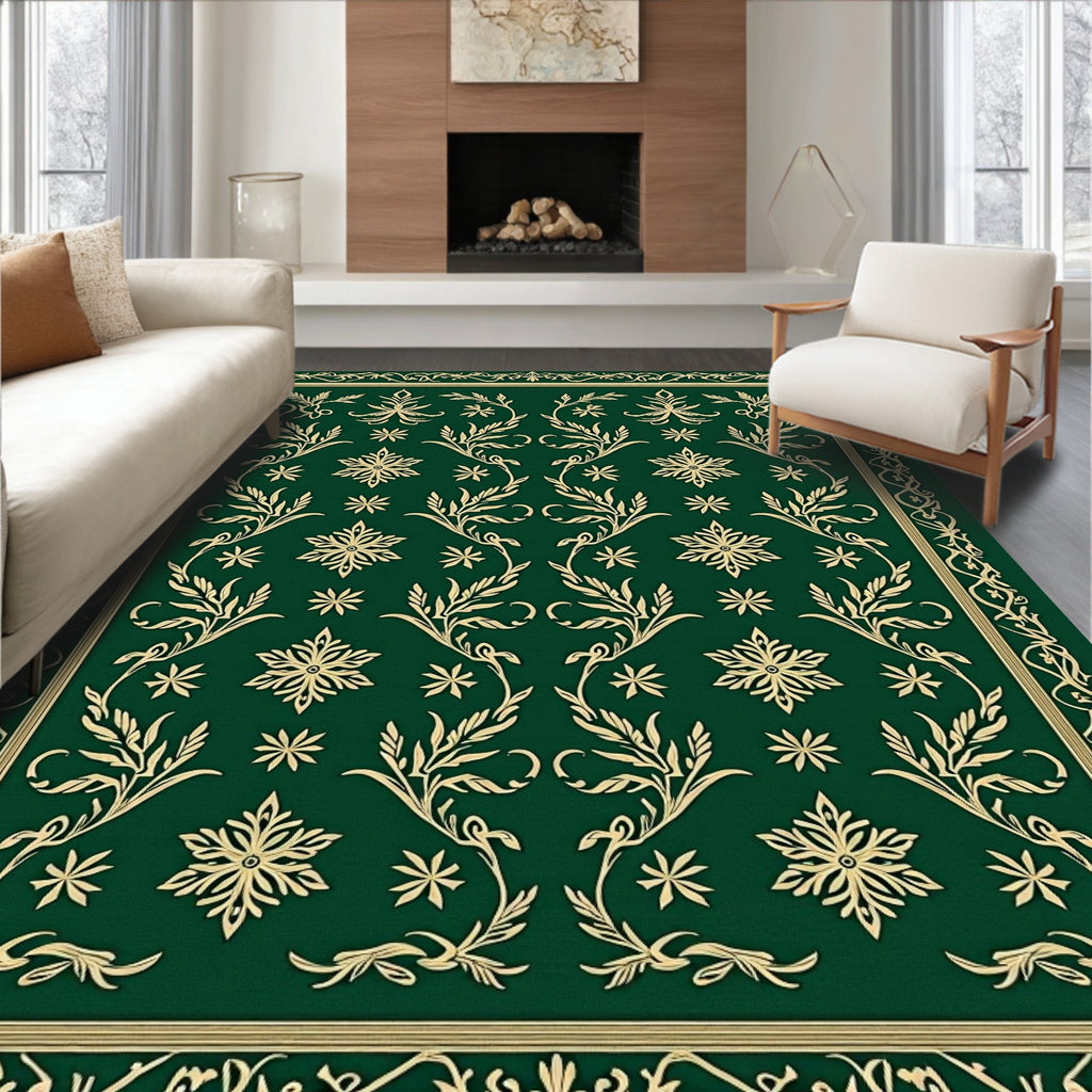 Elegant Emerald Floral Vine Border Rug