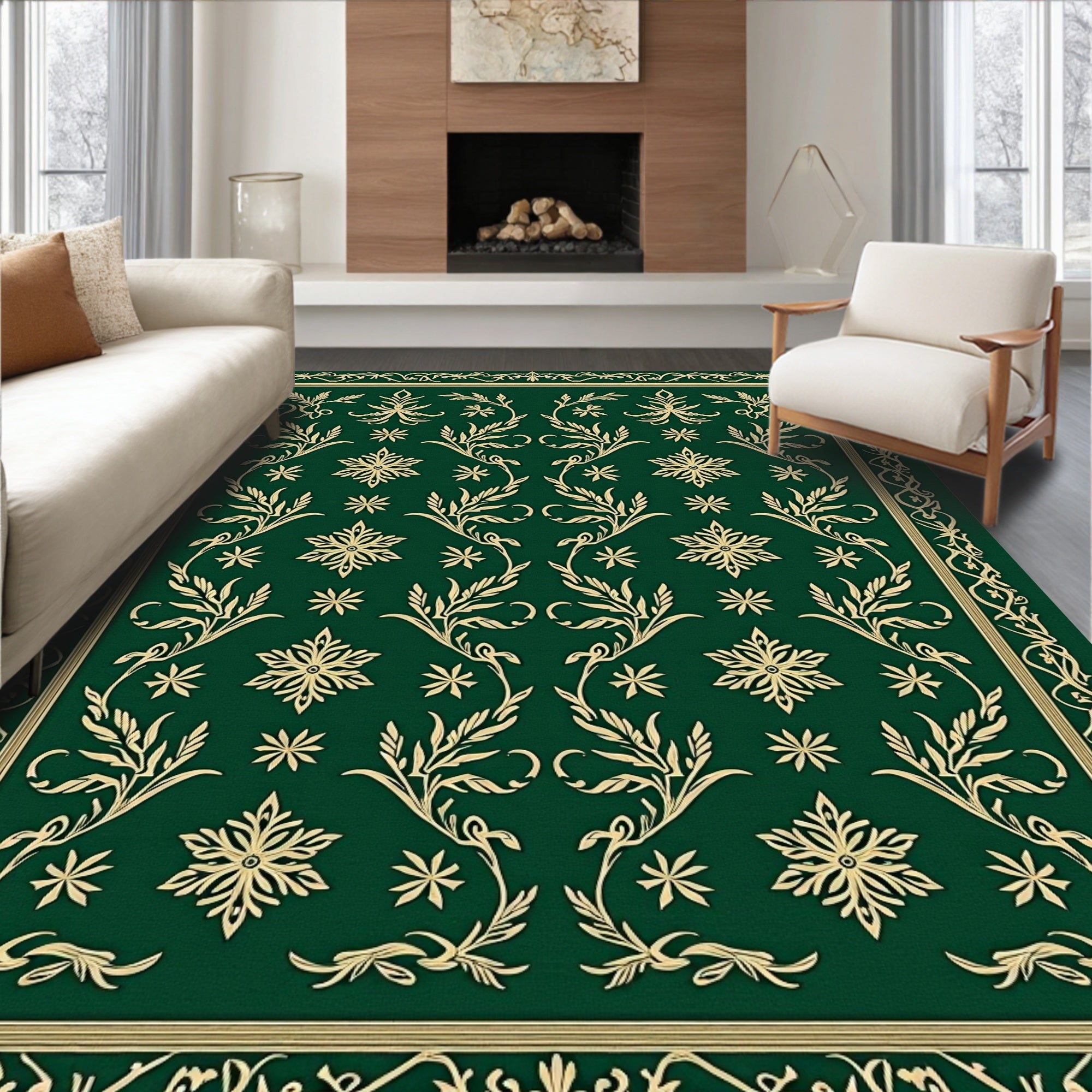 Elegant Emerald Floral Vine Border Rug