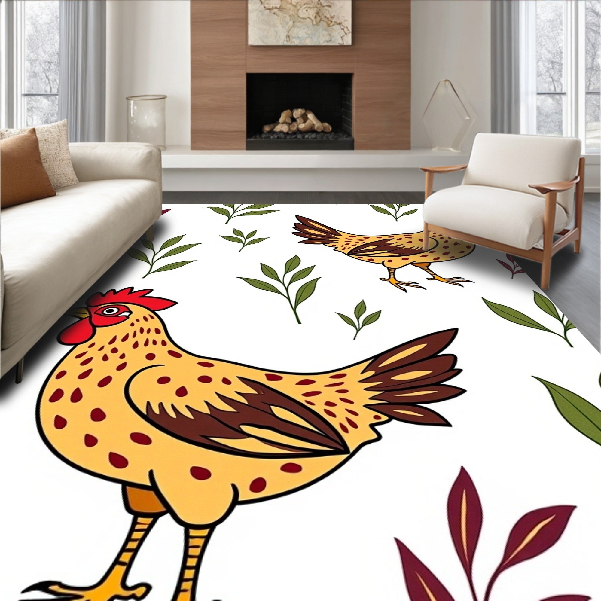 Sunny Yellow Hen Leafy Whimsy Rug