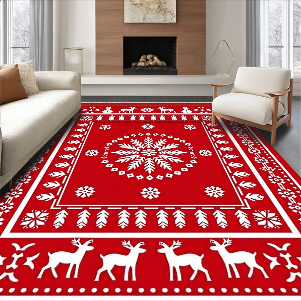 Red Snowflake Deer Folk Art Rug