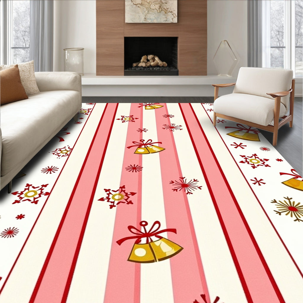 Festive Gold Bells Red Snowflake Stripes Rug