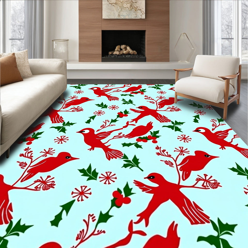 Red Cardinal Holly Branch Christmas Rug