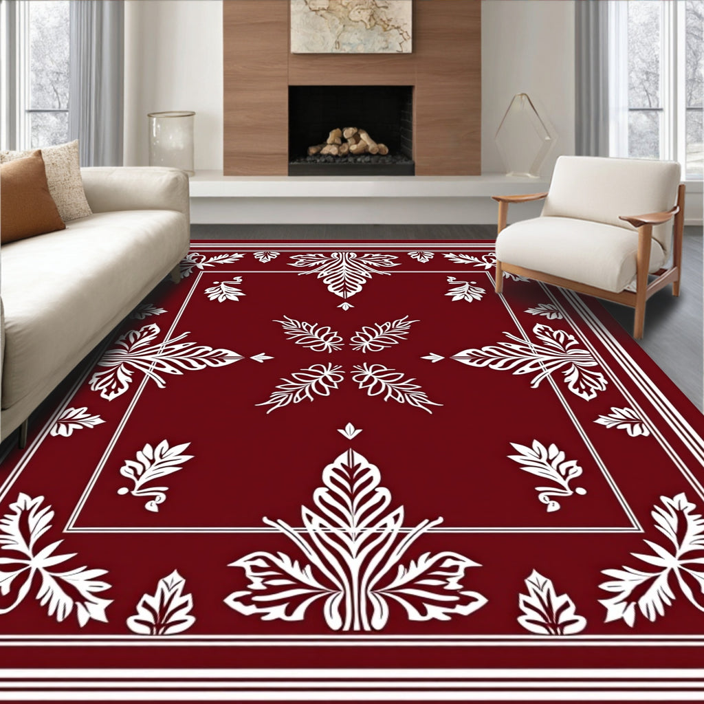 Crimson Ornate Leaf Frame Border Rug