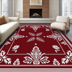 Crimson Ornate Leaf Frame Border Rug