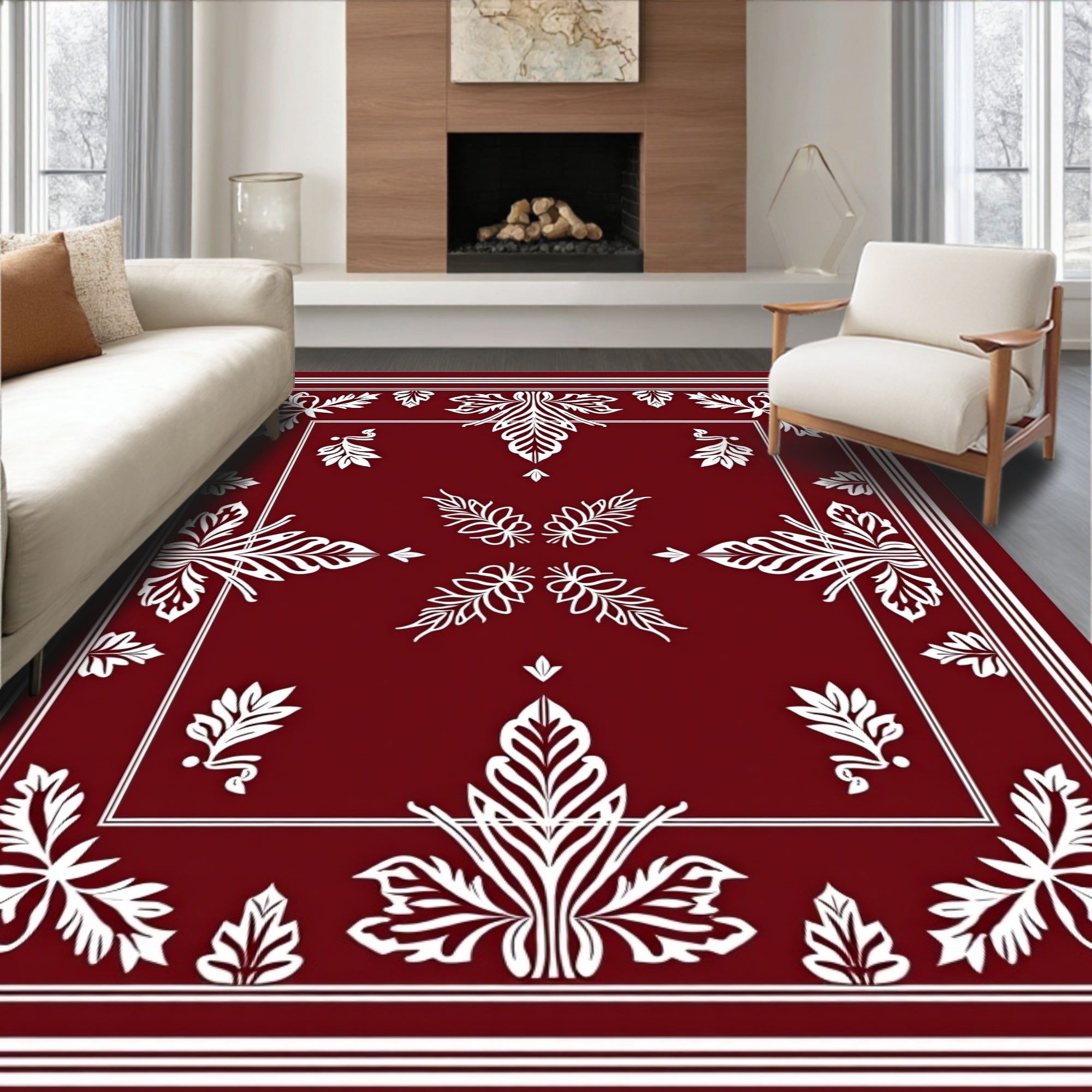 Crimson Ornate Leaf Frame Border Rug