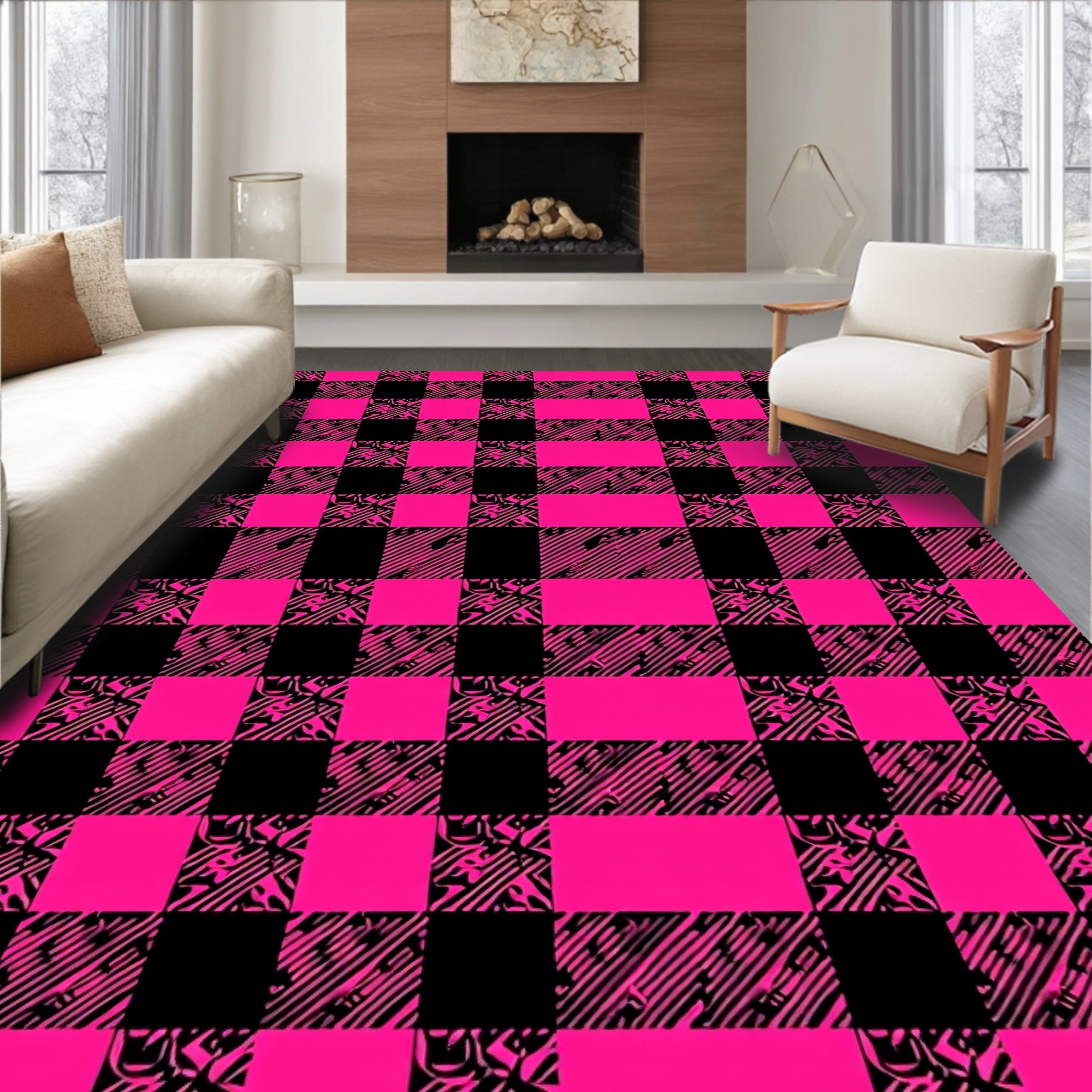 Vibrant Pink Black Gingham Checkered Rug