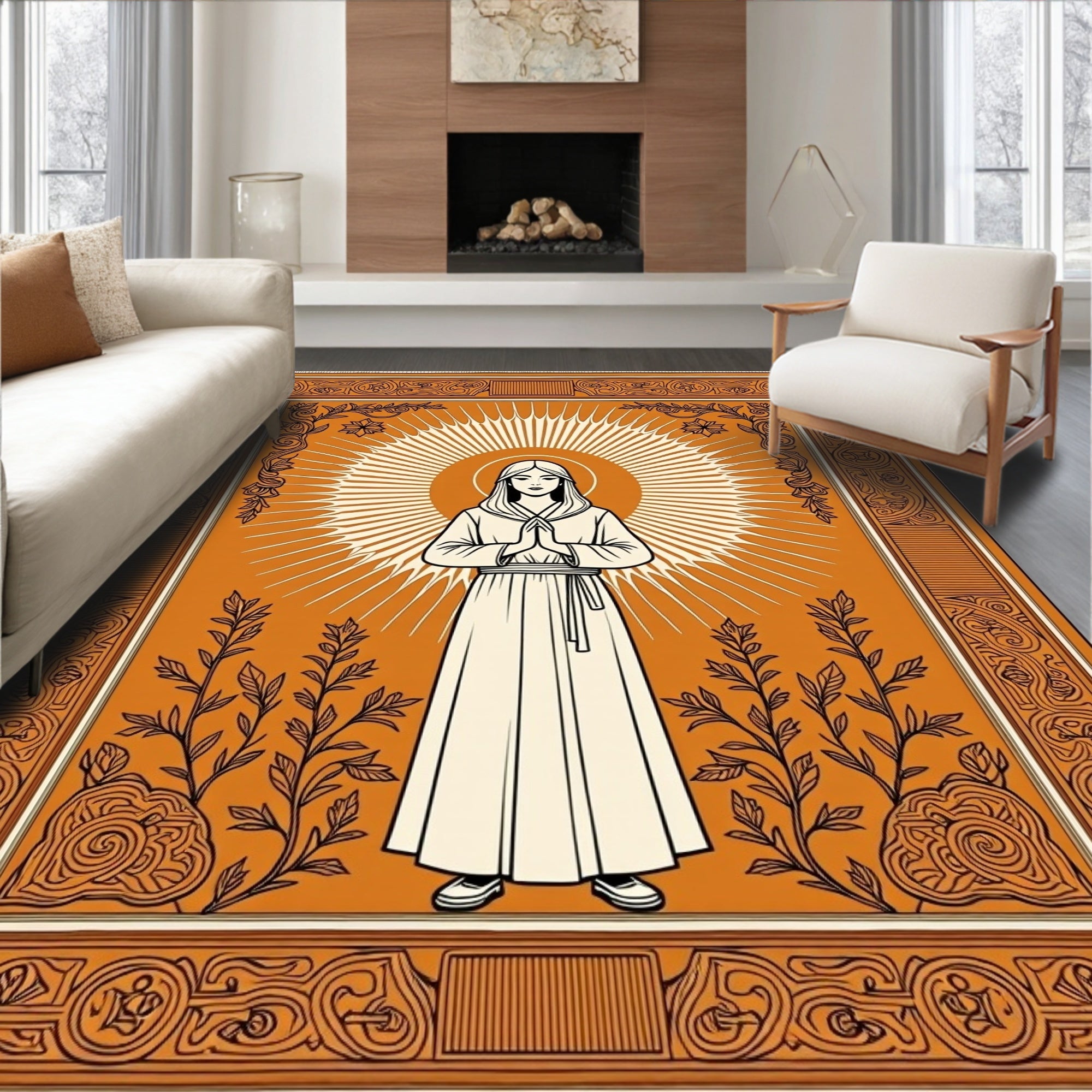 Orange Halo Figure Botanical Border Rug