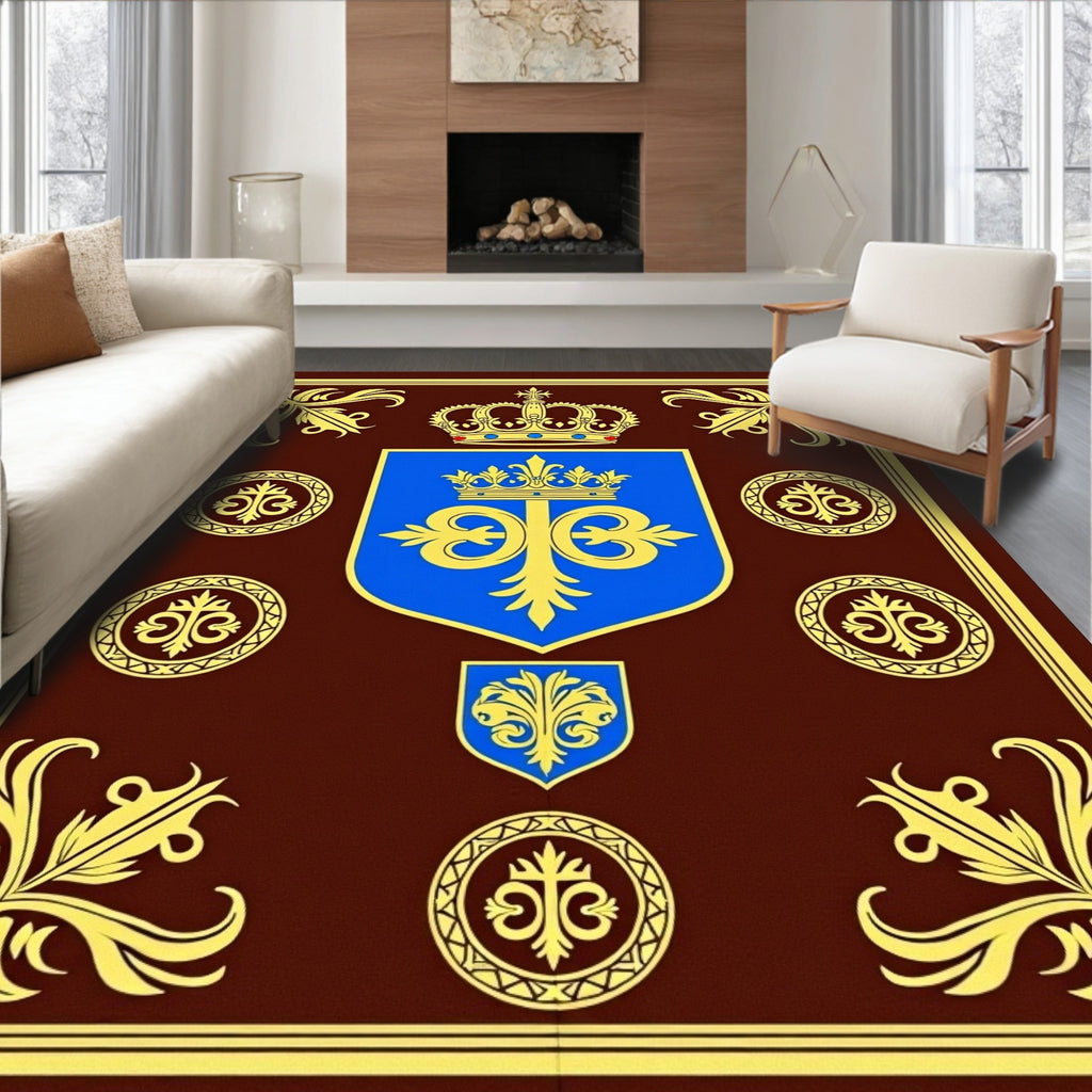 Royal Blue Gold Crest Crown Ornament Rug