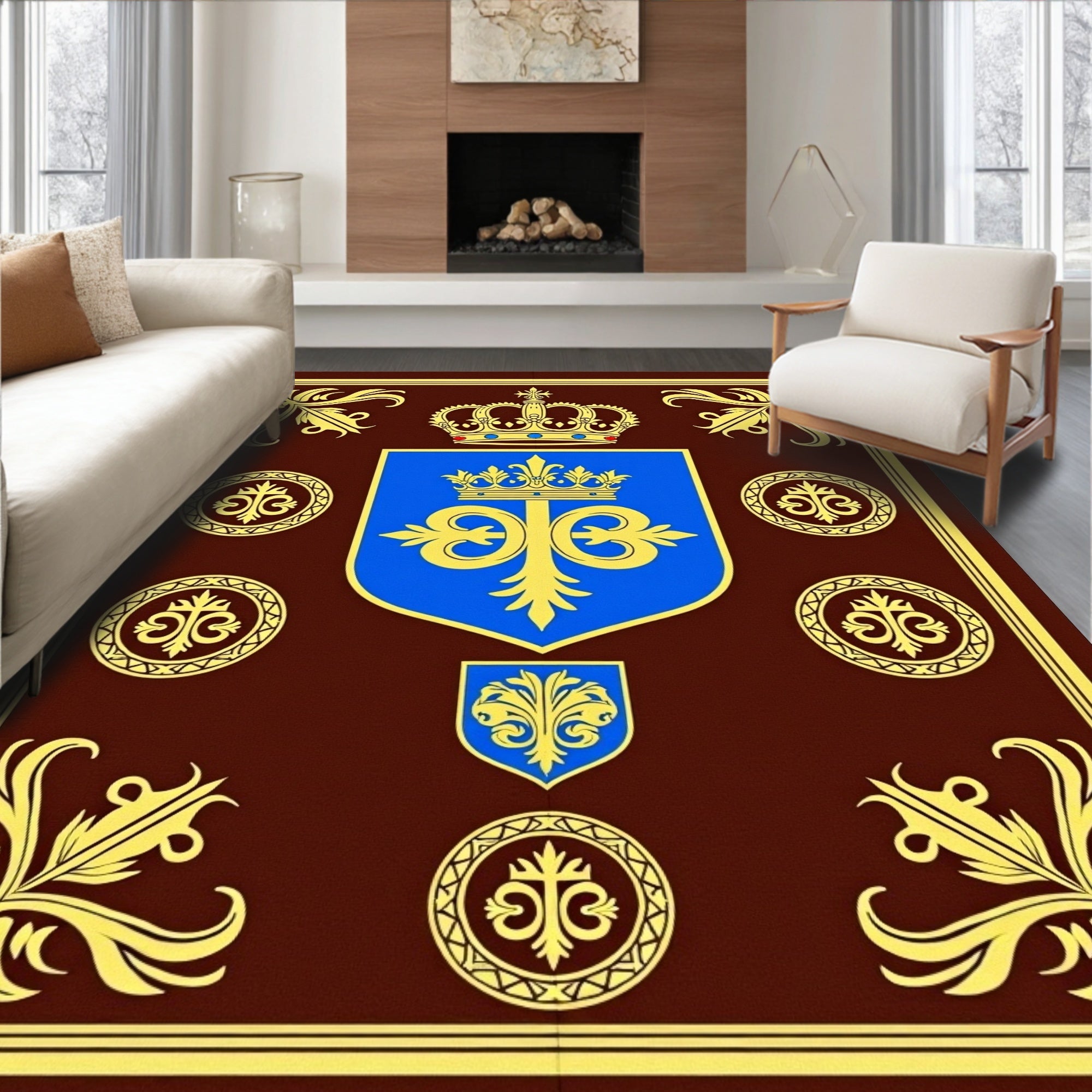 Royal Blue Gold Crest Crown Ornament Rug